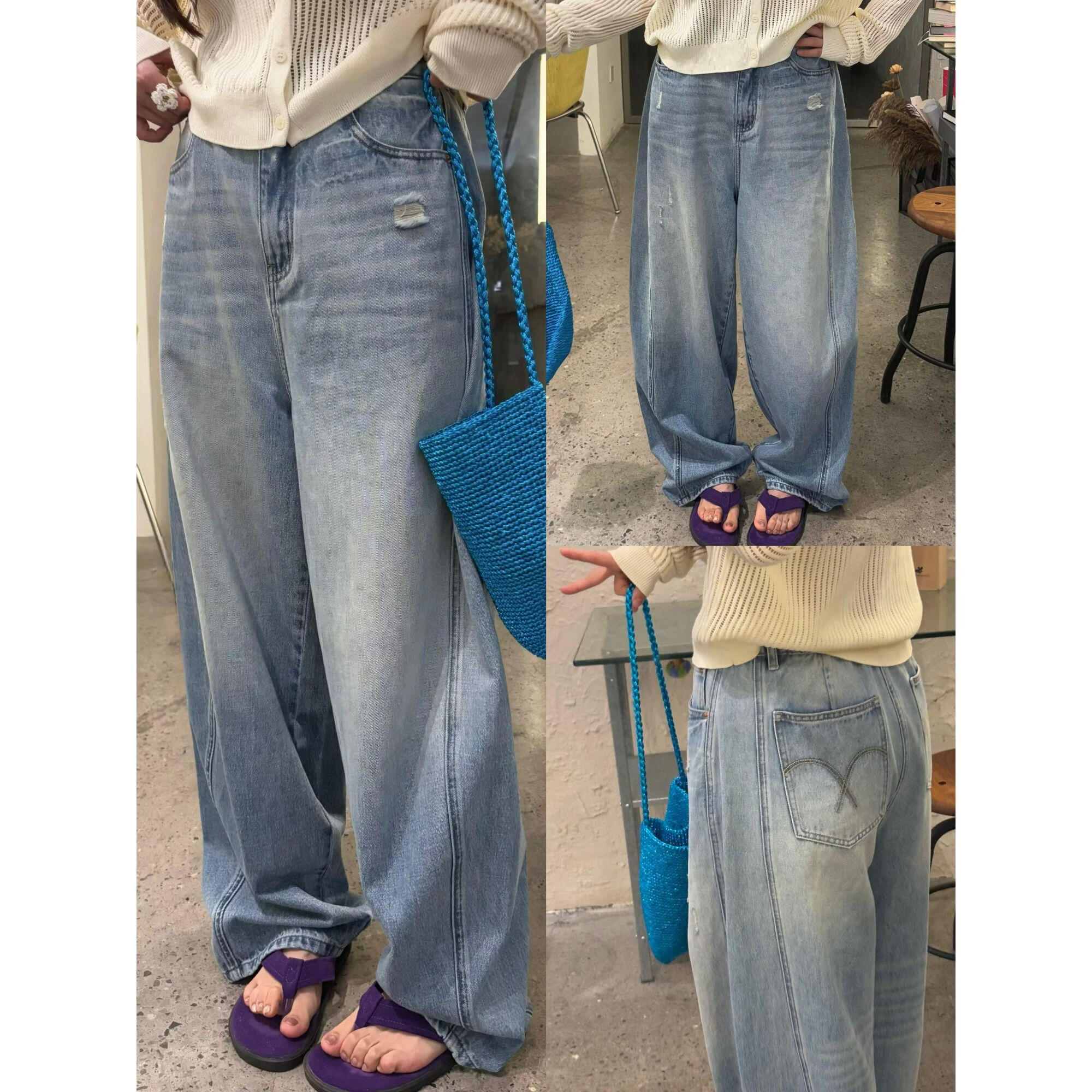 晶咕【海盐少女牛仔】复古水洗后半截松紧高腰阔腿牛仔裤 浅蓝色 M(适合100斤-120斤) 均码