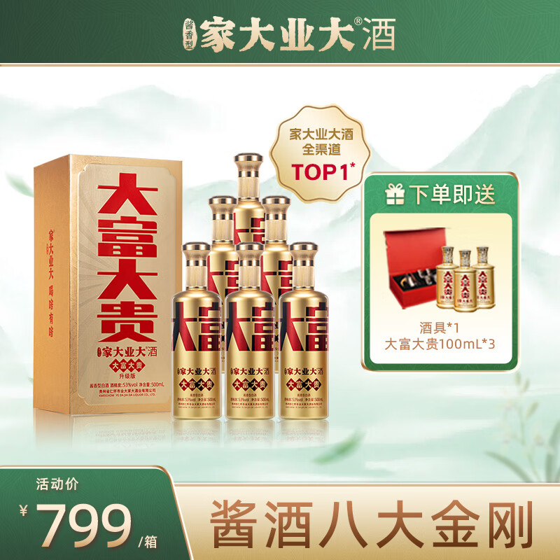家大业大酒白酒大富大贵酒酱香型53度纯粮食坤沙白酒口粮酒 53度 500mL 6瓶 大富大贵金瓶