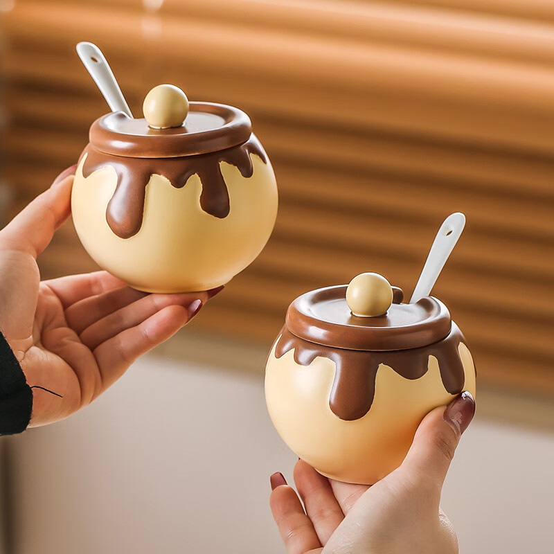 溥畔巧克力调料罐盐罐厨房陶瓷高颜值味精糖辣椒调料瓶调味品套装 巧克力调味罐套装+蜂蜜猪油罐大号