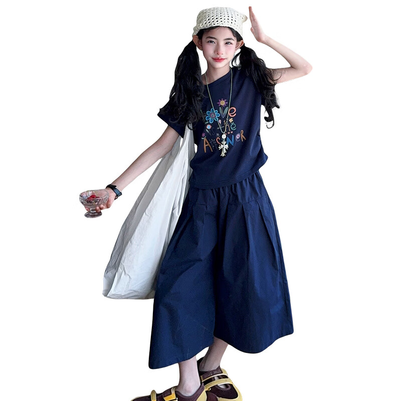 芭帛兔女童夏装套装短袖2025新款中大童洋气儿童女孩夏季阔腿裙裤两件套 藏青色 180 cm