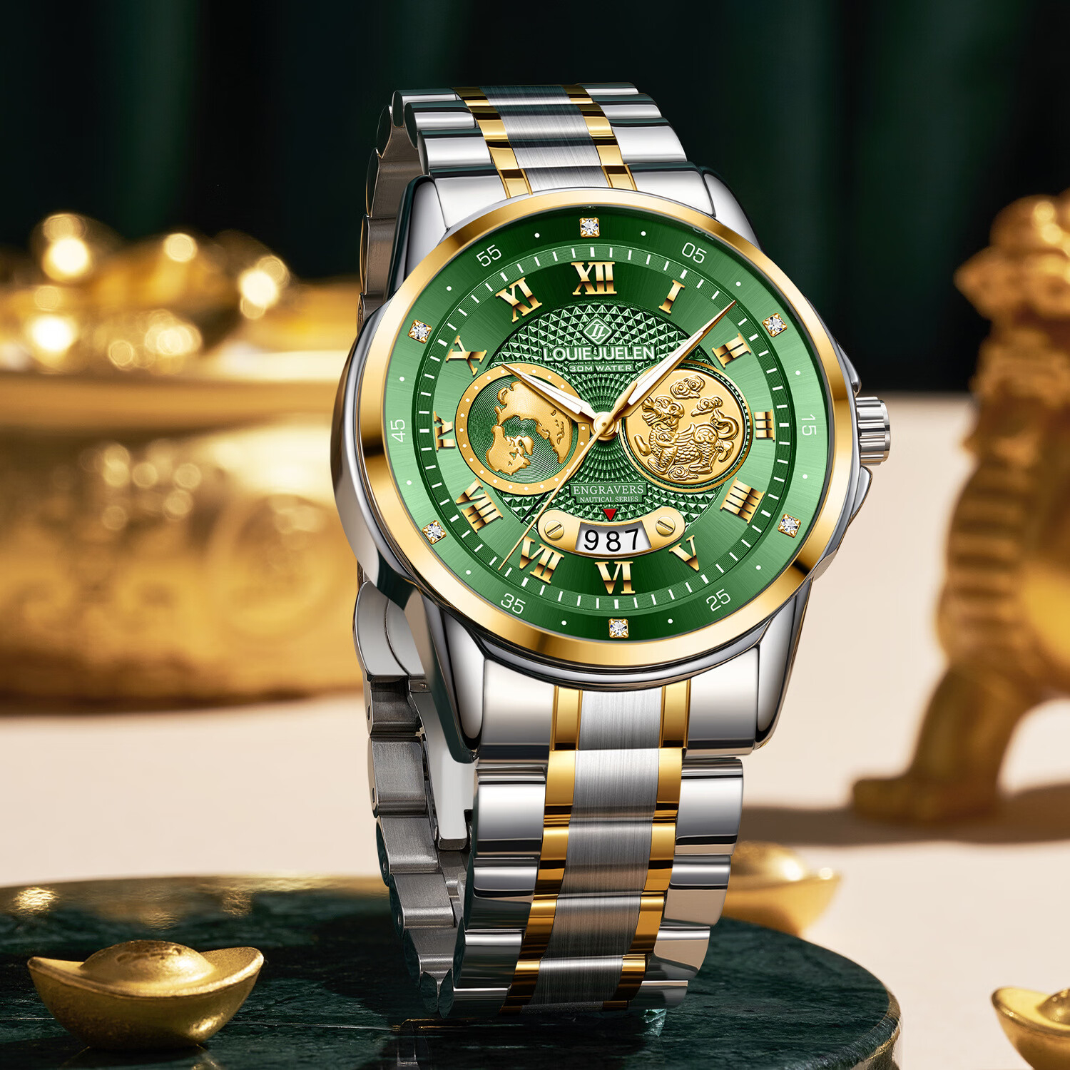 男士手表爵伦品牌石英腕表 L-9647金壳金面金钉钢带