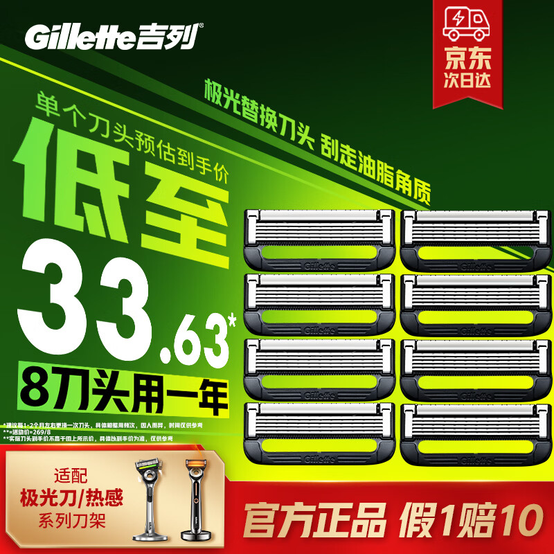 吉列极光刀热感 剃须刀片替换装8刀头 5层刀片剃刮胡须刀手动 去油款男士 京东自营旗舰 非吉利
