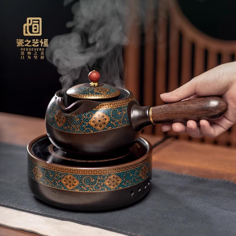 瓷之藝恒電陶爐煮茶爐圍爐煮茶家用燒水壺罐罐茶煮茶壺陶瓷側(cè)把壺功夫茶具 纏枝蓮-側(cè)把煮茶壺+電陶爐