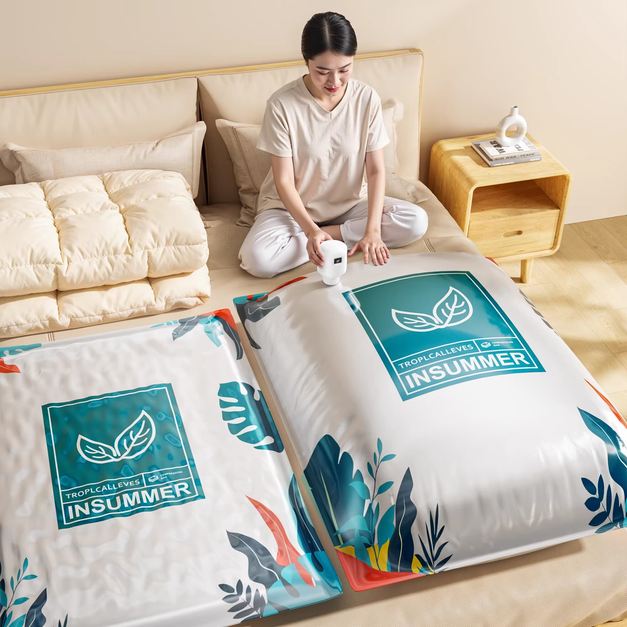 吱凡日本真空压缩袋收纳袋装被子羽绒服衣物衣服专用神器免抽气电抽气 四口之家推荐【3超大2特大3中2小】+电泵1个