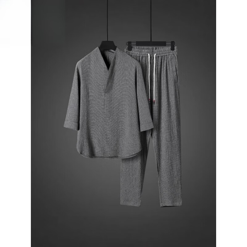 隐形都市莫代尔夏季睡衣男七分袖冰丝亚麻家居服套装宽松中国凤棉麻两件套 灰色【上衣+裤子】两件套 4XL 170-195斤