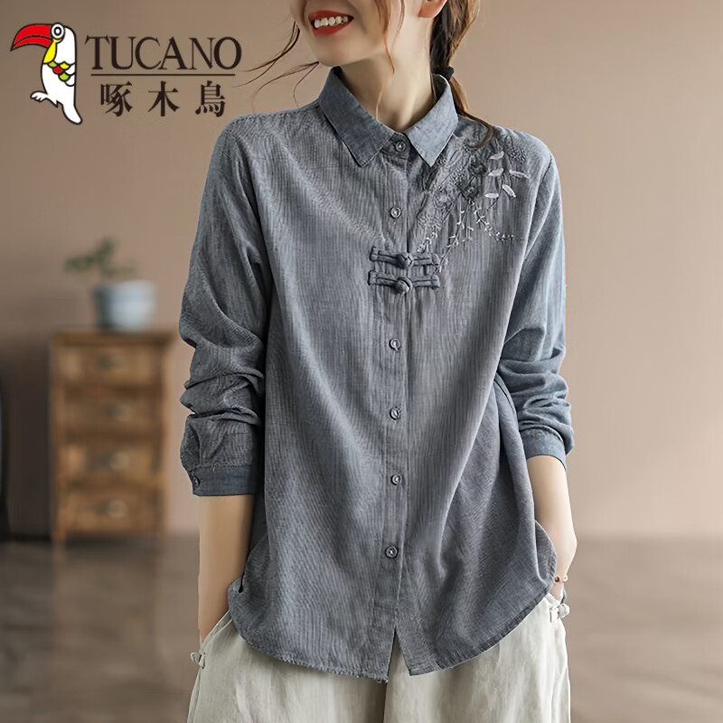 啄木鸟（TUCANO）文艺复古千鸟格棉麻衬衫女2026春季款民族风刺绣中国风盘扣上衣女 蓝色 2XL 建议130-145斤