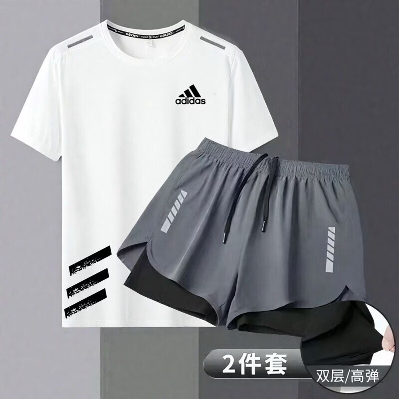 ADIPRENE阿迪达斯新款运动短袖短裤套装速干体育田径男女训练健身跑步马拉 阿迪达斯阿迪达斯白色速干衣-灰双层短裤【AD33-镭射】 阿迪达斯阿迪达斯S码【推荐60-75斤】