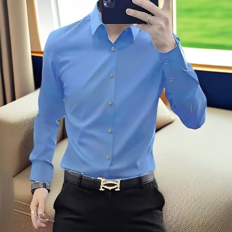 罗鸣老人【轻奢男装】2026新款免烫抗皱弹力商务修身男士长袖衬衫 天蓝色 42 （建议155-165斤）