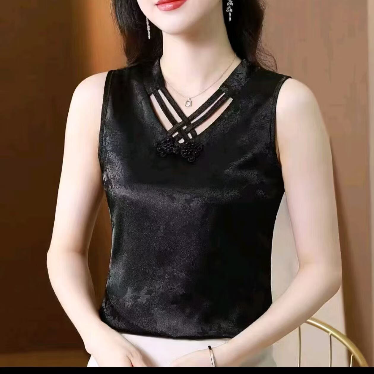 梵米兴2026新中式国风印花背心女夏季无袖马甲吊带内搭外穿打底衫提花 黑色 XL 建议80-105斤