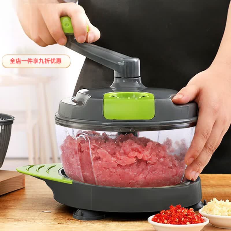 兰琦欧家用手动绞菜机绞肉机剁椒机压蒜机搅蒜器绞蒜切菜器多功能料理机 1500m 经典灰绿色配底座+沥水篮