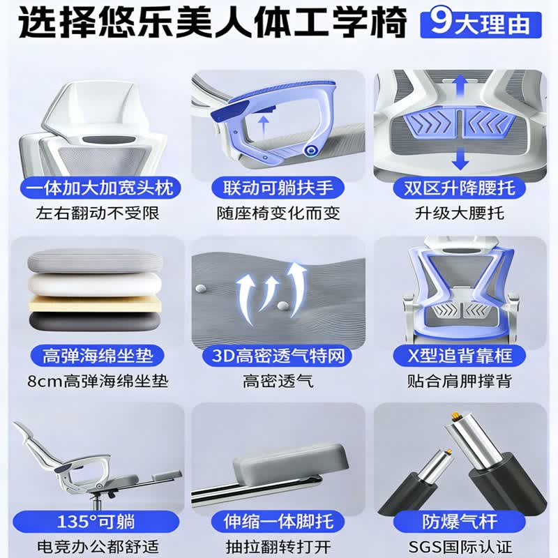 悠乐美家具 YOU LEMEI电脑椅家用办公椅人体工学椅宿舍学习靠背转椅老板游戏电竞椅子 (可后躺)白框灰网-2026焕新款