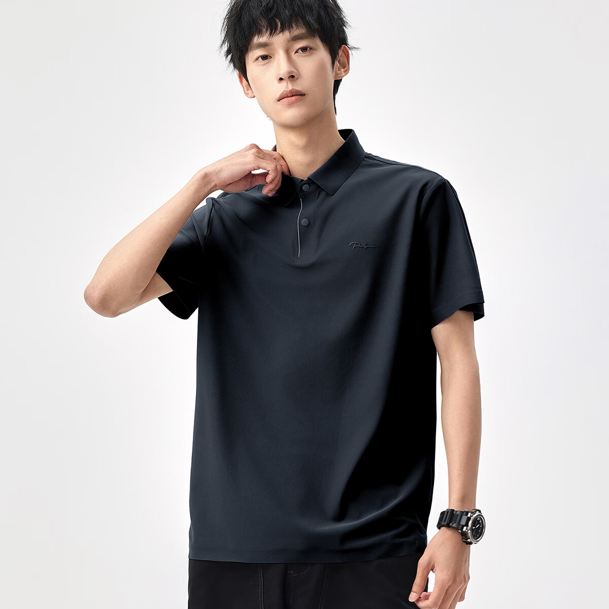 布衣传说【合集】夏季纯色polo衫男短袖宽松半袖打底衫 黑上青13698 XL