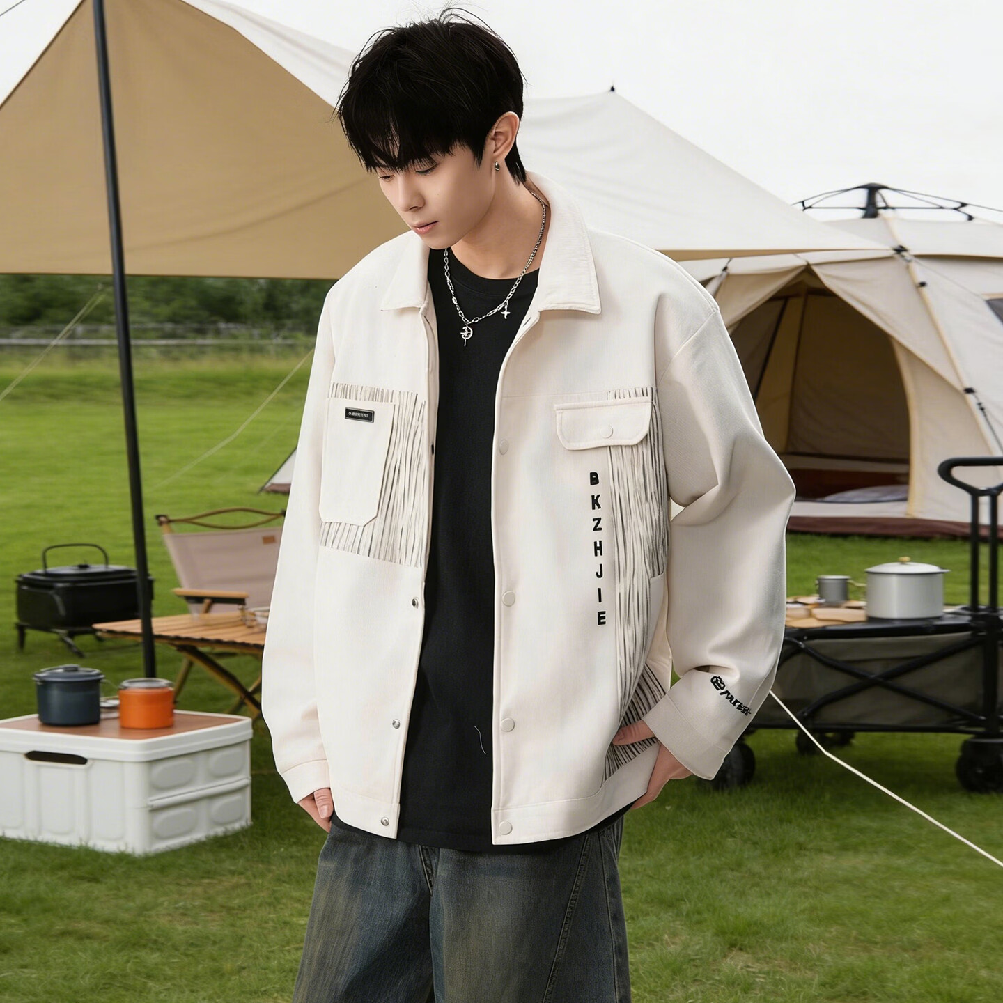 港诗伦美式工装外套男2026春季宽松夹克 米白色 常规 4XL (190)