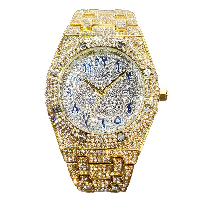 MISSFOX金色石英阿拉伯数字表面满钻男士手表绅士腕表时尚 V301石英