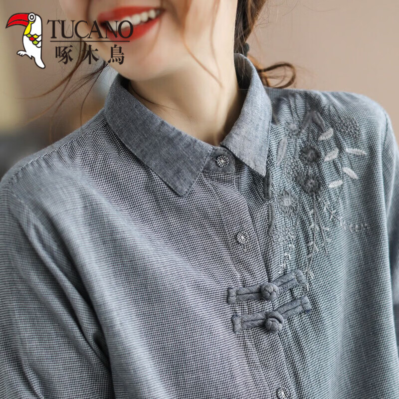 啄木鸟（TUCANO）文艺复古千鸟格棉麻衬衫女2026春季款民族风刺绣中国风盘扣上衣女 蓝色 2XL 建议130-145斤