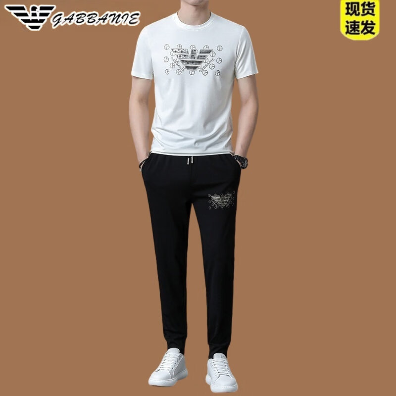 阿玛尼(ARMANI)意大利正品夏季潮流男士运动套装休闲速干跑步冰 丝短袖T恤两件套 十大奢侈品男装国际一线品牌AG_8803款-白色 2XL 180_ 京东折扣/优惠券