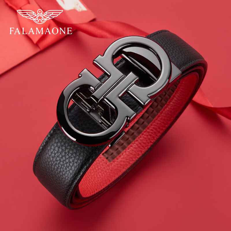 FALAMAONE法莱阿玛尼皮带男牛皮自动扣高档腰带新款真皮裤带生日礼物送男友 【专柜礼盒】本命年“鸿”皮带/PD80939银色 105cm -140cm默认随机发货（可修剪）