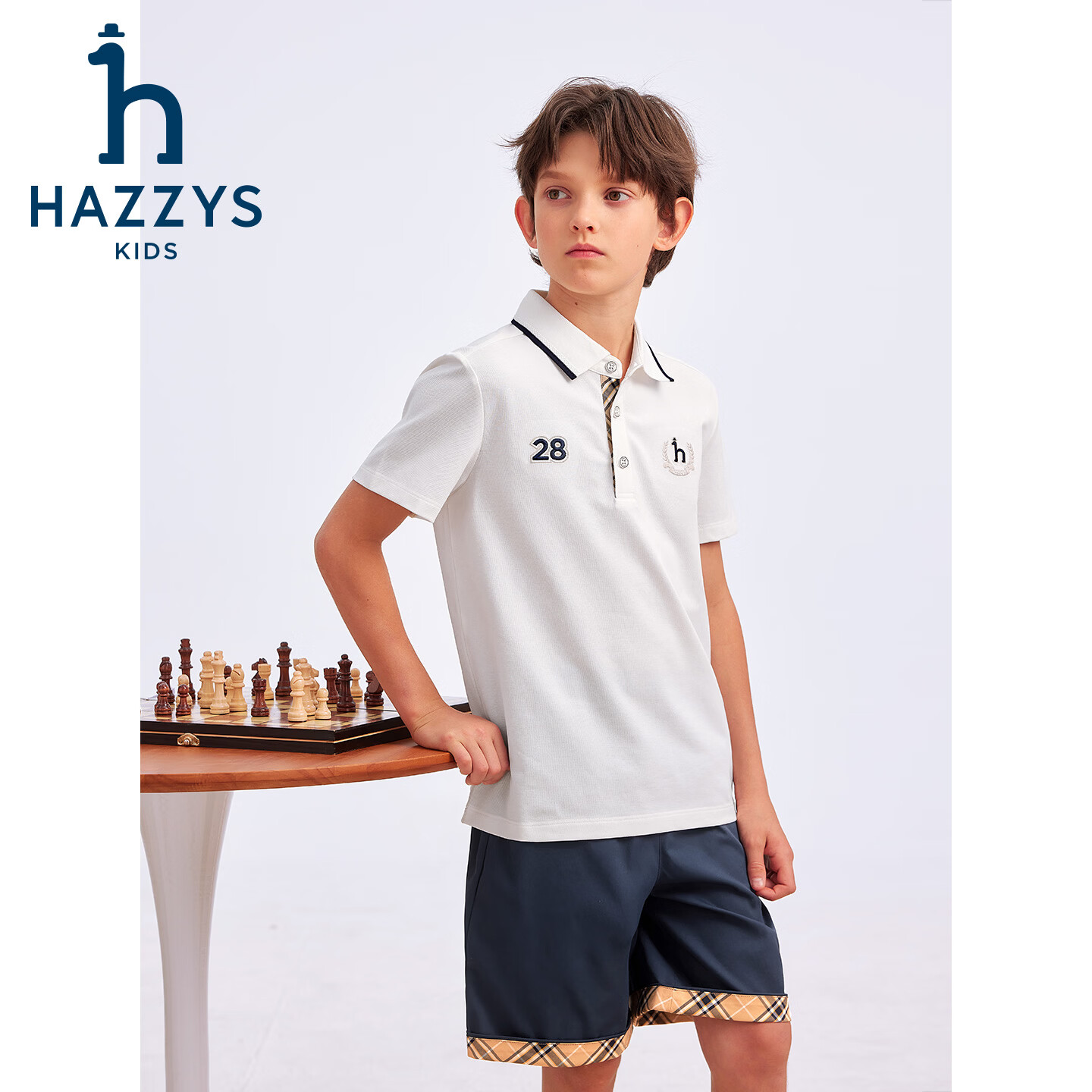 哈吉斯(HAZZYS)童装男童套装2026夏季新款中大童透气舒适短袖POLO衫宽松运动短裤 藏蓝 160