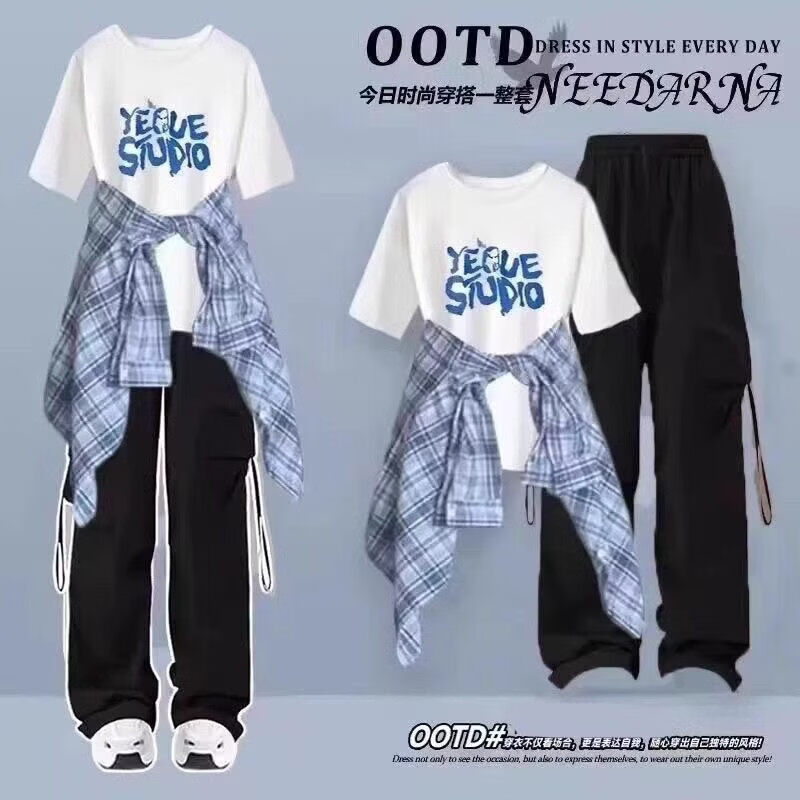 欧颖慕女童运动套装夏季青少年衣服12-16岁女大童短袖衬衫女孩夏装时尚 【三件套】303白色短袖+粉衬衫+粉色工装裤 170 （XL）码【建议120-135斤】