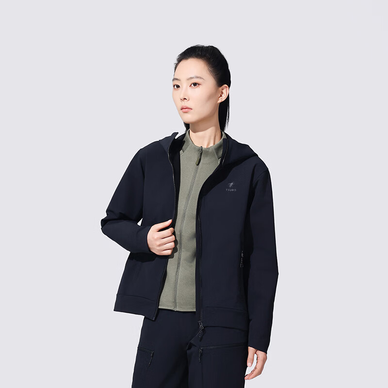 TSUBO尺不户外运动新款女短款连帽夹克潮流时尚长袖通勤外套 黑色 L