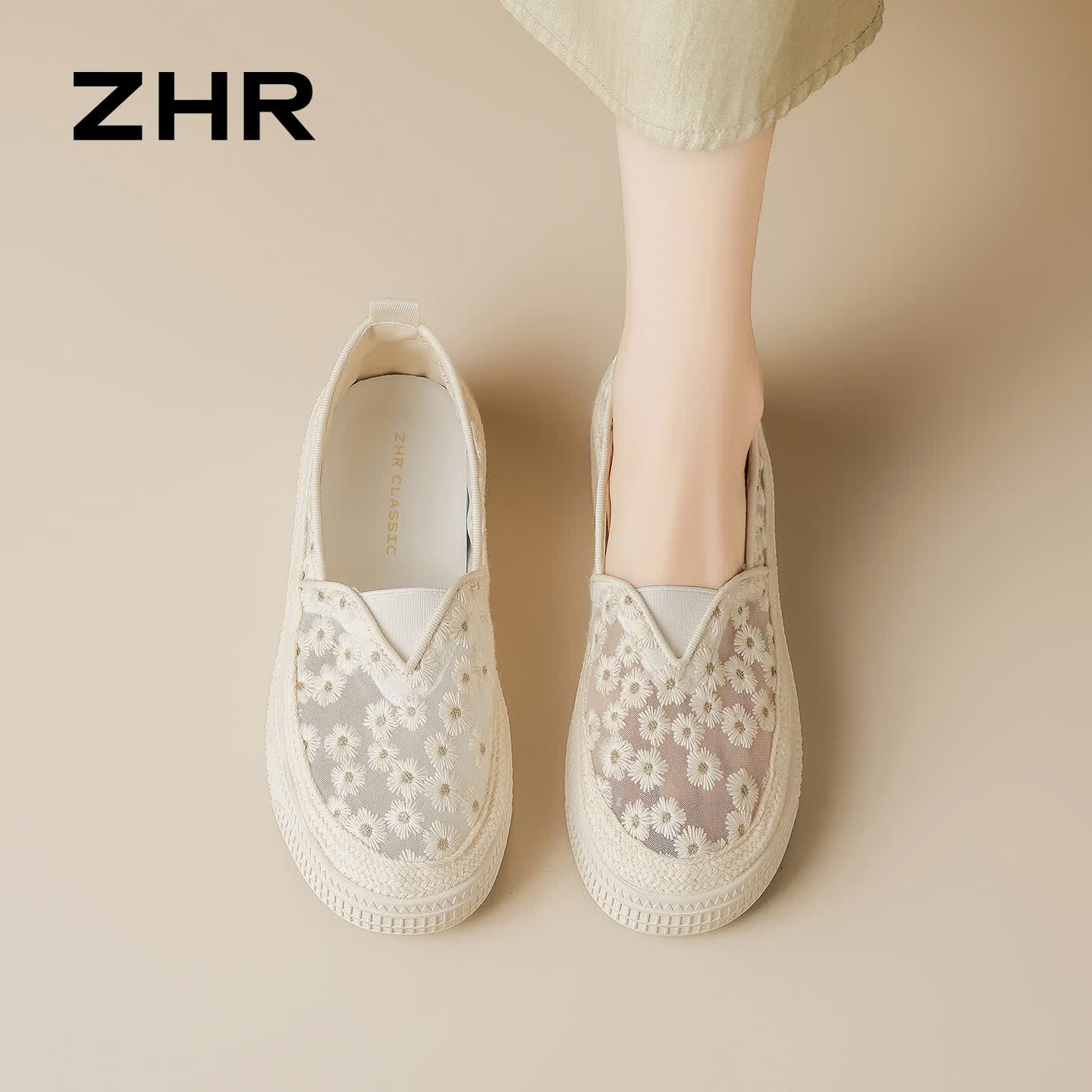 ZHR则则渔夫鞋女2026新款小雏菊蕾丝透气单鞋软底懒人一脚蹬M677米色36
