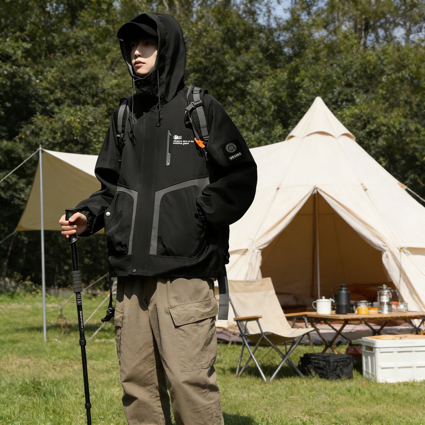 港诗伦户外冲锋衣外套男2026春装宽松百搭连帽运动休闲夹克外套上衣男装 黑色 常规 XL (175)