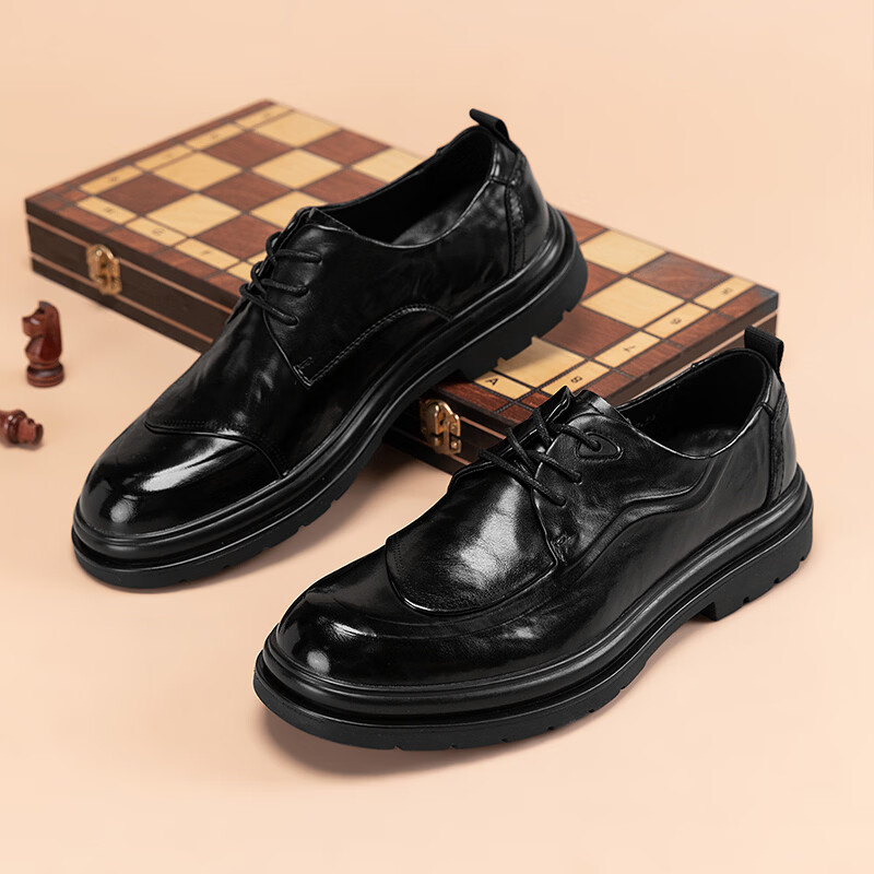 Walker Shop皮鞋男高端商务正装男士皮鞋2026新款休闲真皮透气软底内增高男鞋 黑色【内增高】 40