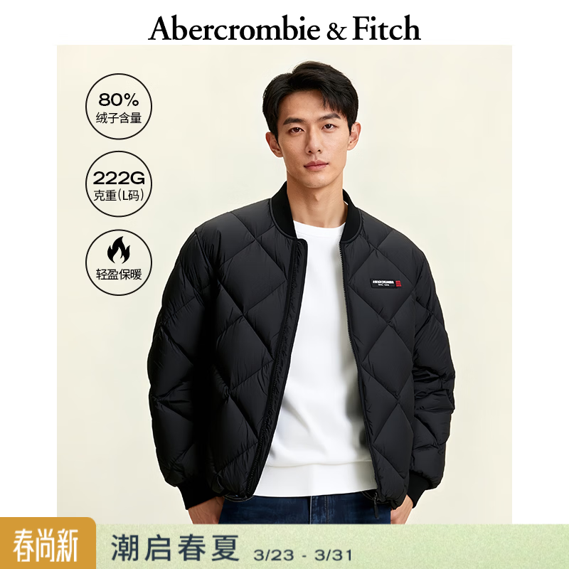 Abercrombie &amp; Fitch美式复古时尚菱格LOGO加厚羽绒服外套25秋冬男装132-5191 黑色 XS (170/84A)