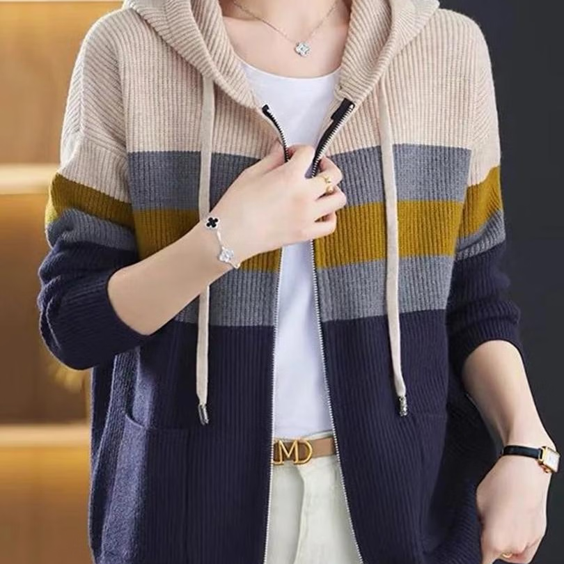 【商品品质】连帽条纹开衫外套女春秋卫衣2026新款休闲针织毛衣 藏青色 L 建议体重（120-140斤）