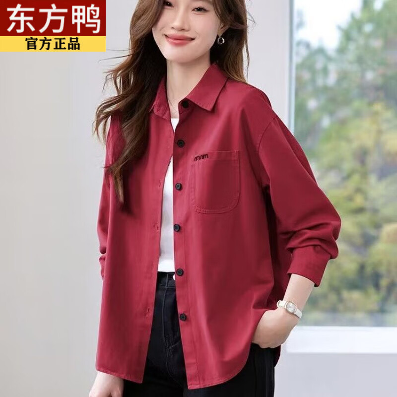 东方鸭纯棉衬衫新款韩版牛仔外套休闲百搭小个子妈妈上衣长袖工装衬衣女 酒红色面料 2XL