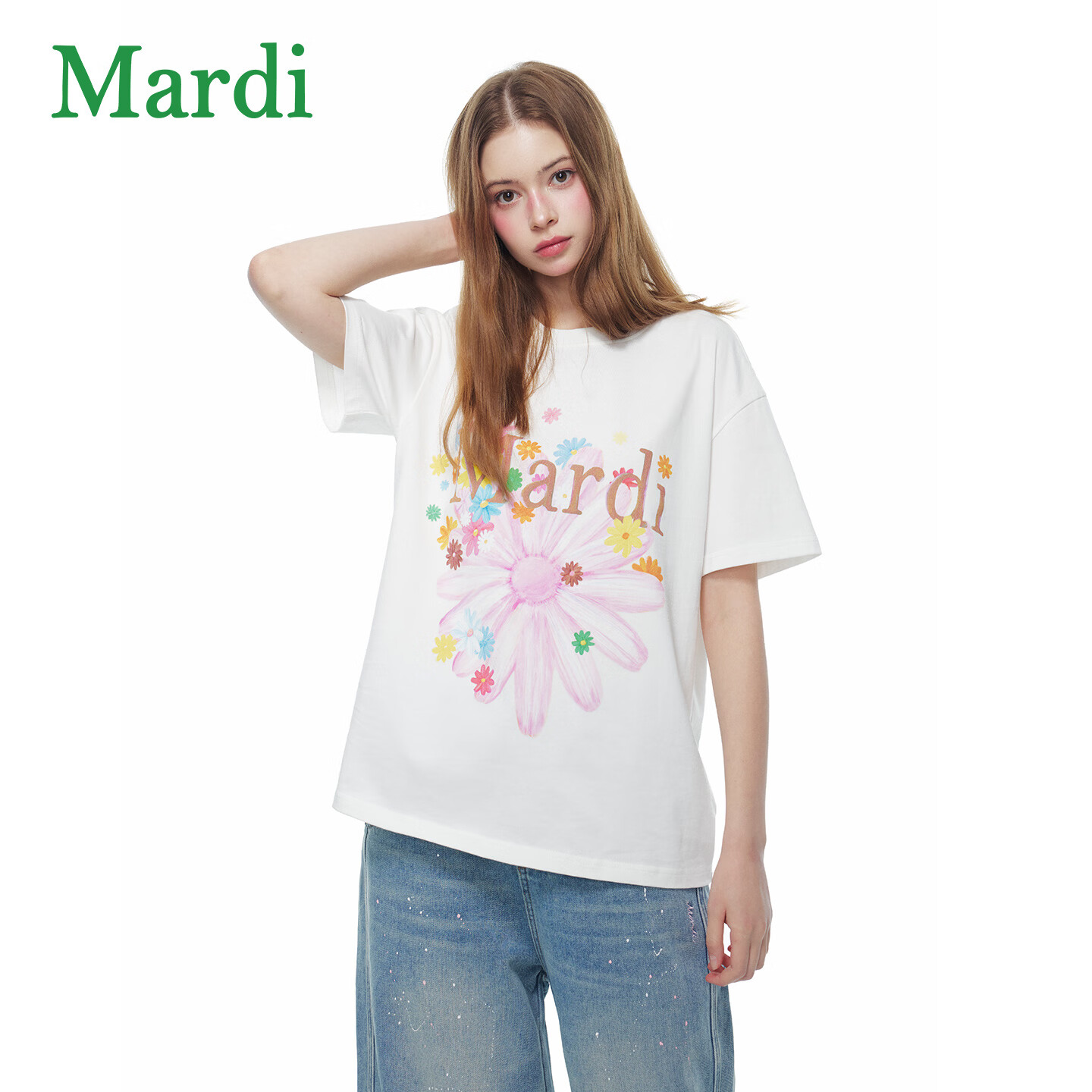 MARDI玛尔帝夏季女士彩菊印花短袖T恤百搭宽松时尚圆领上衣简约休闲112 米白色 L