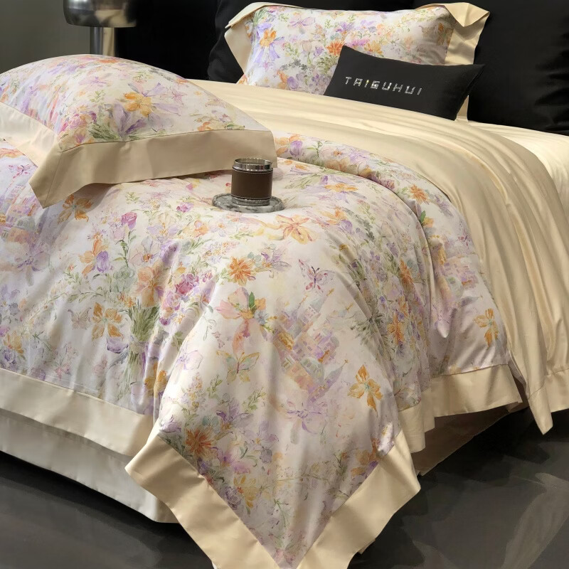 ROLAND LIVE莫奈花园风全棉印花四件套新疆长绒棉床单被罩裸睡床上用品春夏 TGH 长绒棉四件套-手捧日记米色 1.5米床 床单款 【被套200*230cm】