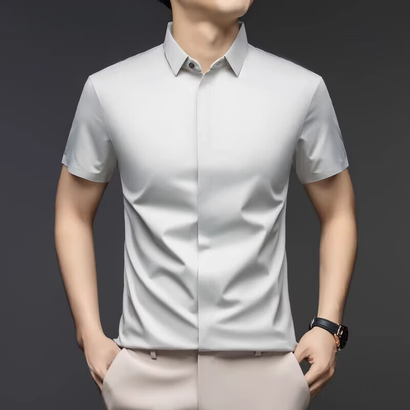 丨利郎丨桑蚕丝短袖衬衫男无痕免烫2026新款商务休闲衬衣 -浅蓝 4XL 190建议【185-200斤】