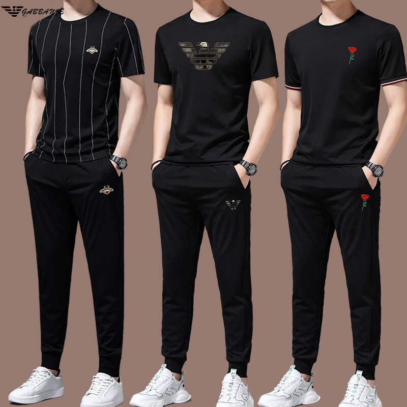 阿玛尼（ARMANI）正品男装男士休闲运动服套装男夏季薄款冰 丝短袖高端潮流帅气 十大奢侈品男装国际一线品牌529款白色(短袖+长裤) 3XL 185_【建议180-200斤】