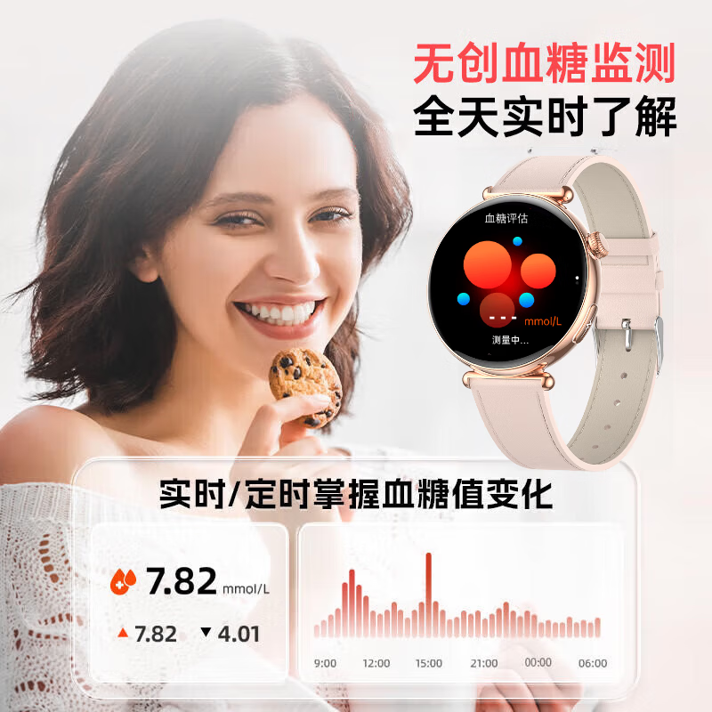 智能手表鸿蒙华为机适用女士测量血压测心率血氧血糖血脂尿酸一体机新款健康监测智能手表大人专用 顶配玫瑰金粉胶带-女性健康监测 情绪感知+蓝牙通话+运动模式