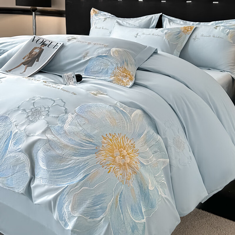 恒源祥床上四件套 100%里外全棉四件套40S轻奢刺绣柔软学生宿舍卧室套件 浅云蓝【100%纯棉】 1.5,米床 床单款 （被套200*230cm）