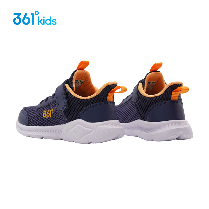 361°儿童运动鞋四季小童轻便男童鞋网面透气女童魔术贴软底跑步鞋 【大网】墨蓝/芒果金黄色 28