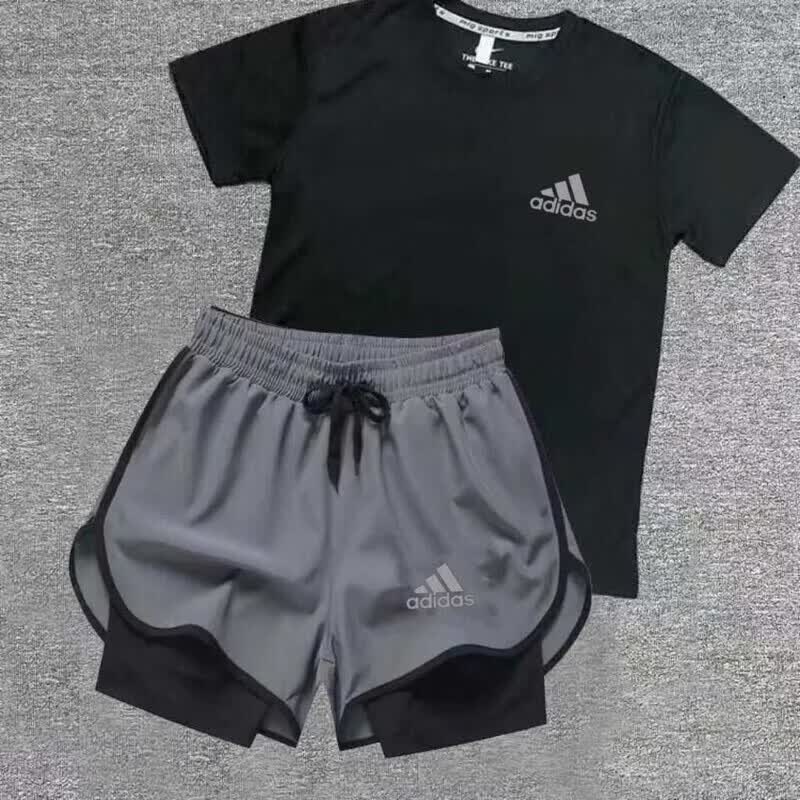 ADIPRENE阿迪达斯夏季速干体育套装田径健身男女运动训练短裤三分跑步马拉 阿迪达斯反光AD【黑色速干短袖+灰色双层短裤】 阿迪达斯L码100-120斤