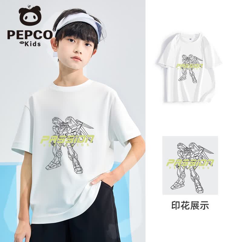 小猪班纳儿童短袖T恤2026新款男童夏季运动速干上衣时髦女童轻薄透气半袖 【速干】白/X线条机甲K 110 （体重30-38）