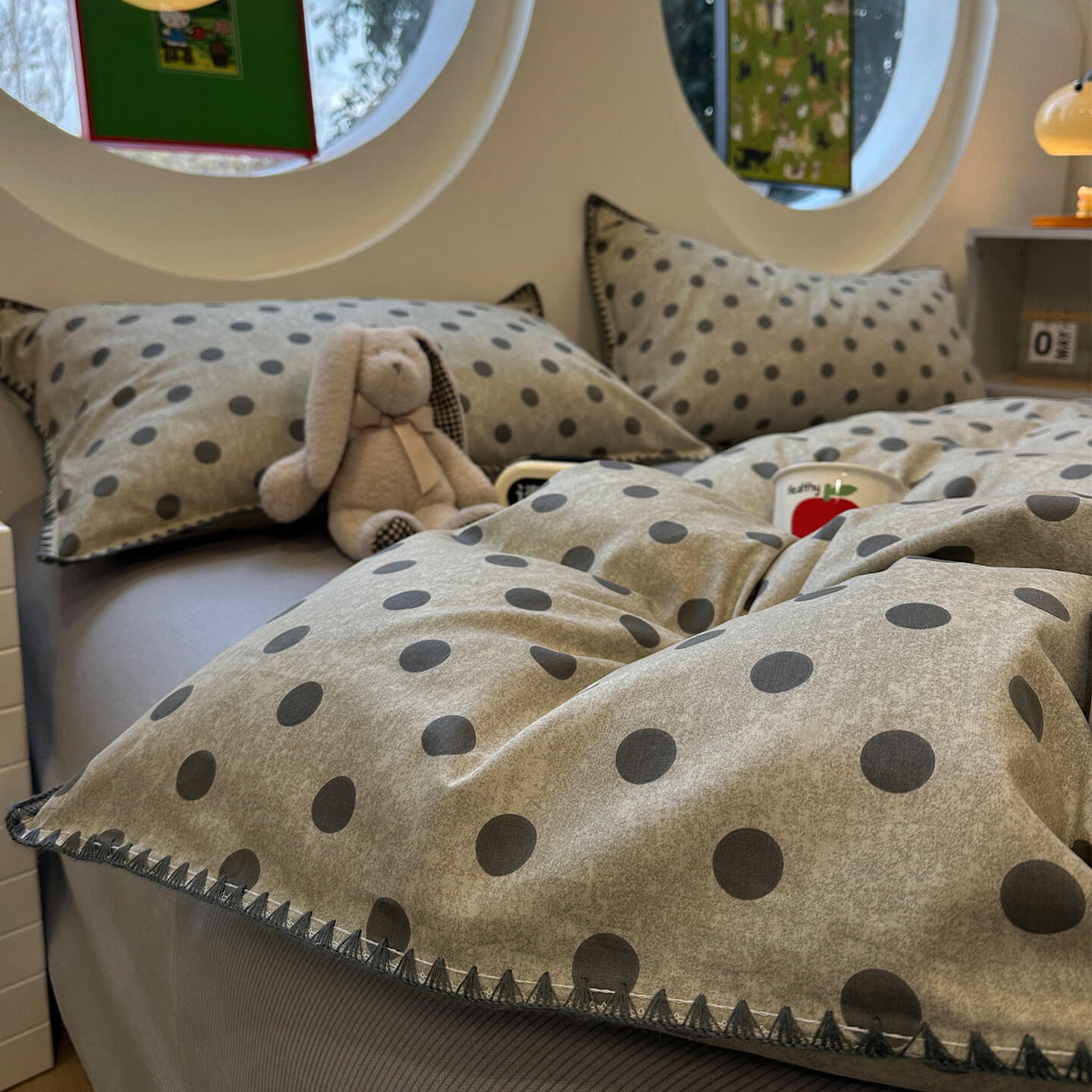 苏萱高级感灰色波点纯棉四件套100全棉贝壳边被套床单三件套床上用品4 灰调波点 1.8m 床单款 四件套-被套200x230cm