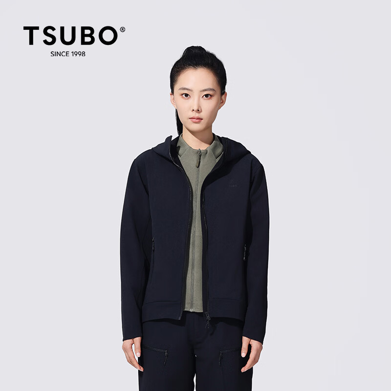 TSUBO尺不户外运动新款女短款连帽夹克潮流时尚长袖通勤外套 黑色 L