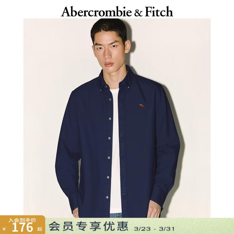 Abercrombie &amp; Fitch【李现同款】小麋鹿图案美式牛津长袖衬衫25秋冬男装125-5224 海军蓝 S (175/92A)