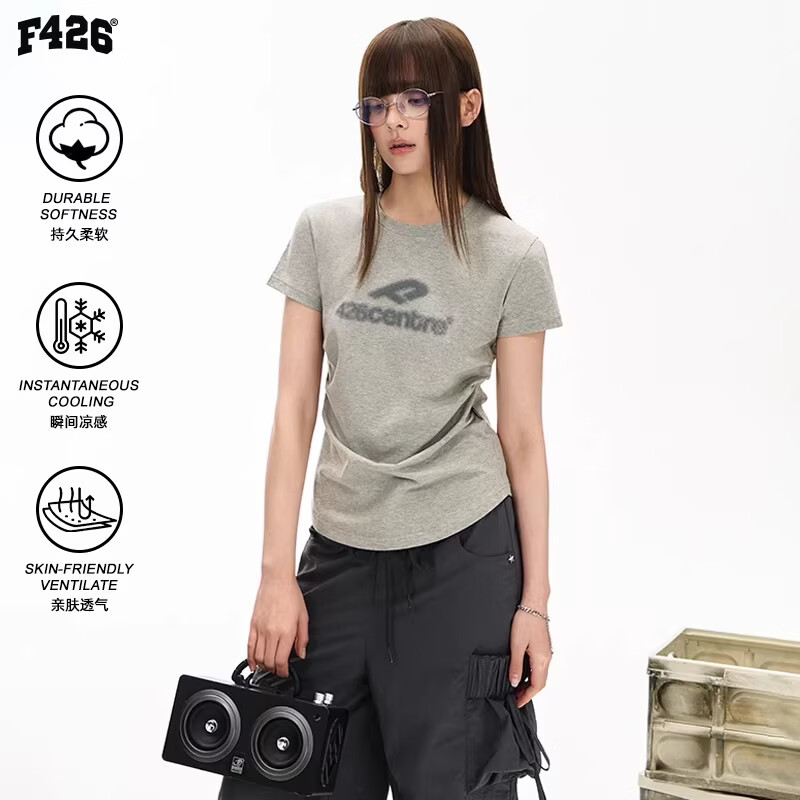 F426【露思亲推】夏季新款美式休闲短款收腰短袖T恤 花色 花灰色 M