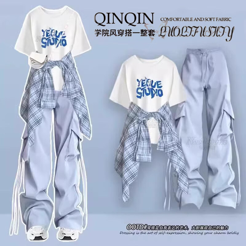 欧颖慕女童运动套装夏季青少年衣服12-16岁女大童短袖衬衫女孩夏装时尚 【三件套】303白色短袖+粉衬衫+粉色工装裤 170 （XL）码【建议120-135斤】