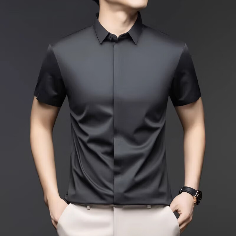 丨利郎丨桑蚕丝短袖衬衫男无痕免烫2026新款商务休闲衬衣 -浅蓝 4XL 190建议【185-200斤】