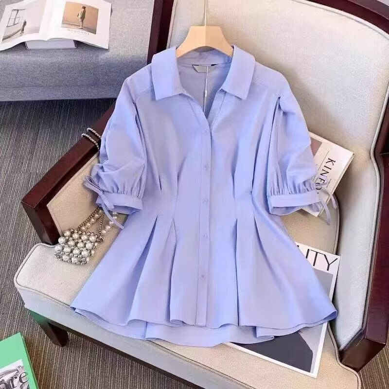 【甄选品质】短袖女上衣女加宽加大大码遮肚显瘦女装衬衫T恤 蓝色 2XL 建议【135-145斤】