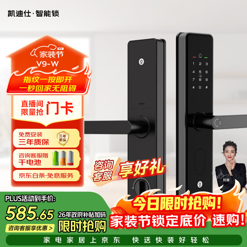 凯迪仕（KAADAS）智能门锁 指纹识别 防盗门锁密码锁 入户门电子智能锁 V9-W