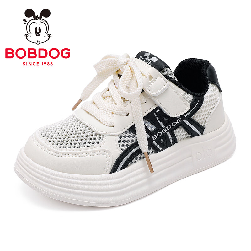 巴布豆（BOBDOG）童鞋男童低帮板鞋2026夏季新款女童白色运动鞋夏款儿童鞋子 米/黑 30 适合脚长18.2cm