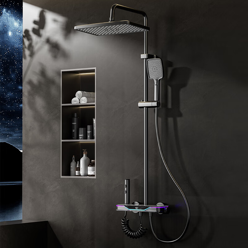 九牧(JOMOO)100%全铜花洒枪灰钢琴按键恒温花洒套装卫生间浴室增压淋浴喷头 雅白旗舰氛围灯恒温