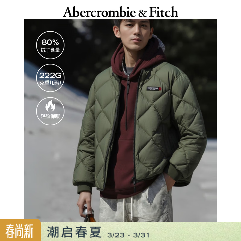 Abercrombie &amp; Fitch美式菱格LOGO双头拉链加厚棒球服羽绒服外套25秋冬男装132-5192 军绿色 M (180/100A)